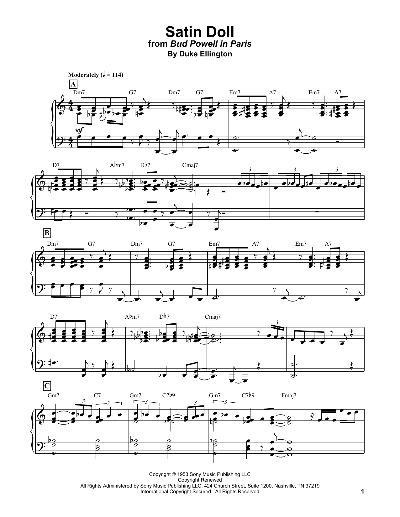 Bud Powell Satin Doll Sheet Music Notes & Chords for Piano Transcription - Download or Print PDF