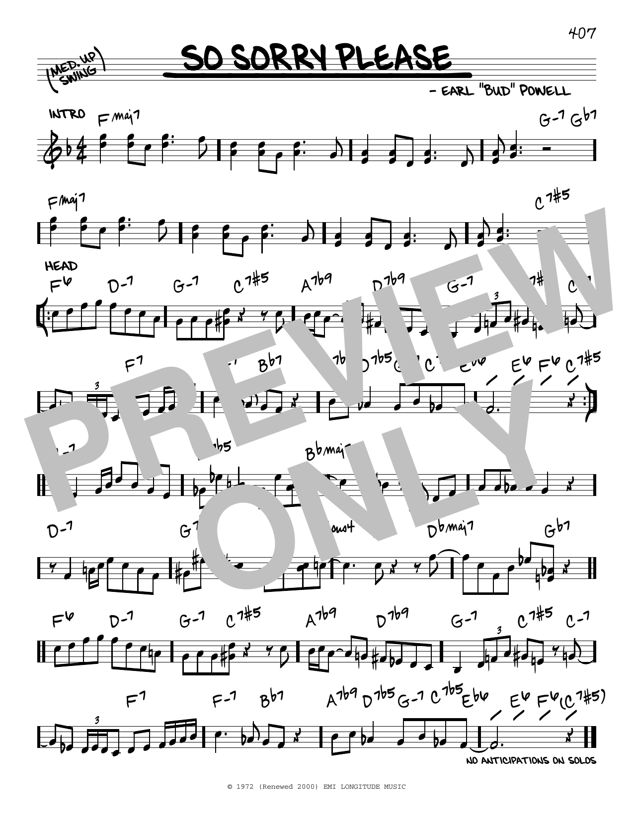 Bud Powell So Sorry Please Sheet Music Notes & Chords for Real Book – Melody & Chords - Download or Print PDF