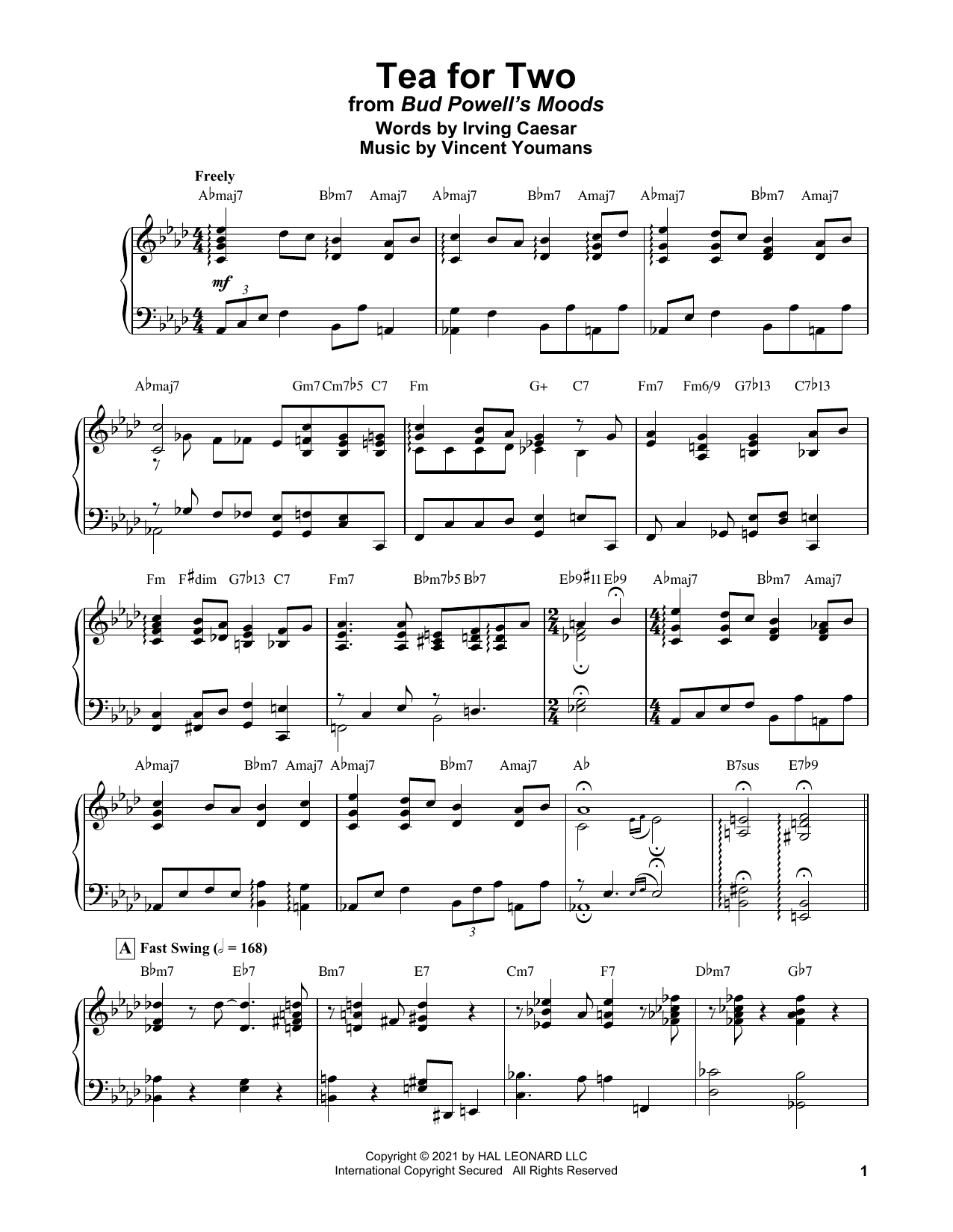 Bud Powell Tea For Two Sheet Music Notes & Chords for Piano Transcription - Download or Print PDF