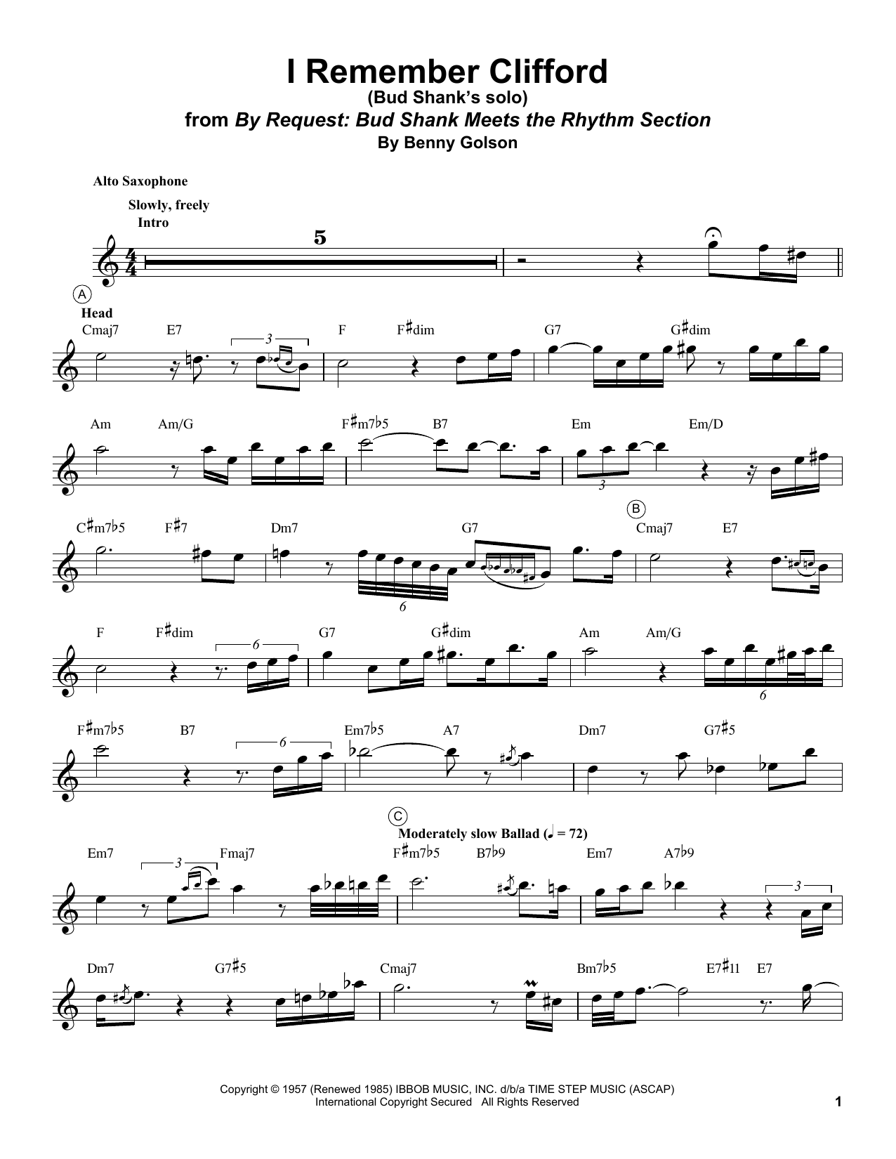 Bud Shank I Remember Clifford Sheet Music Notes & Chords for Alto Sax Transcription - Download or Print PDF