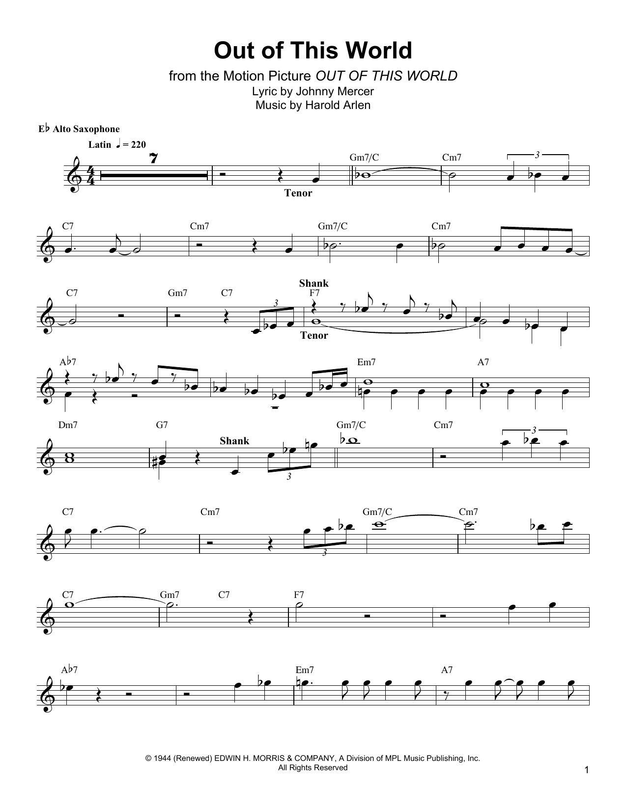 Bud Shank Out Of This World Sheet Music Notes & Chords for Alto Sax Transcription - Download or Print PDF