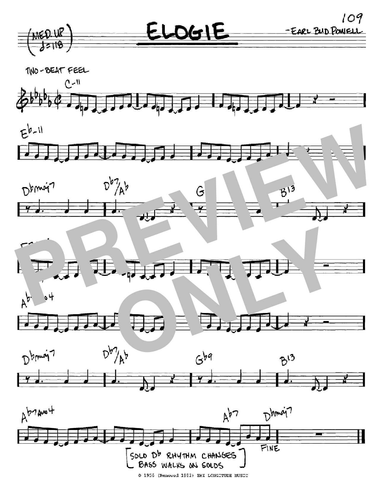 Preview Bud Powell Elogie Jazz sheet music, notes and chords for Real Book - Melody & Chords - C Instruments, SKU: 60484 Elogie sheet music