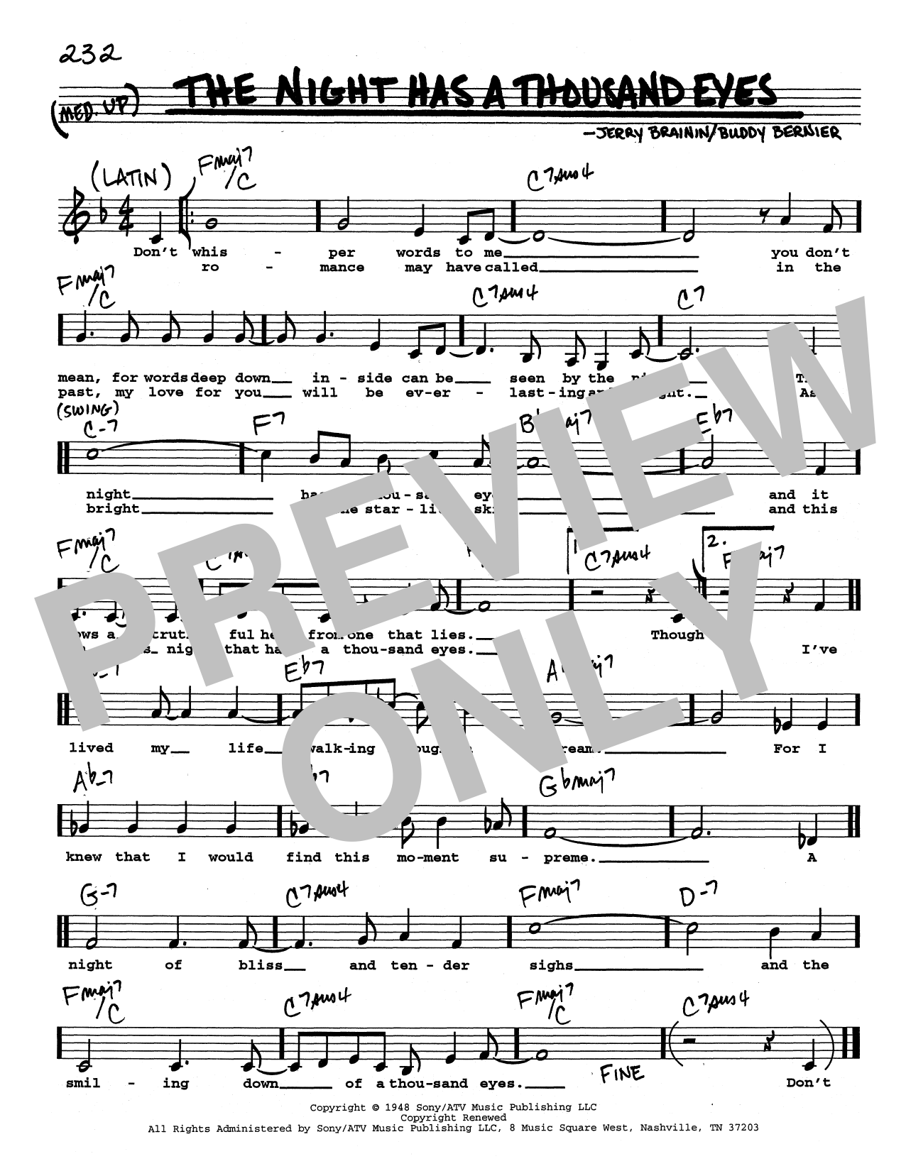 Buddy Bernier The Night Has A Thousand Eyes (Low Voice) Sheet Music Notes & Chords for Real Book – Melody, Lyrics & Chords - Download or Print PDF