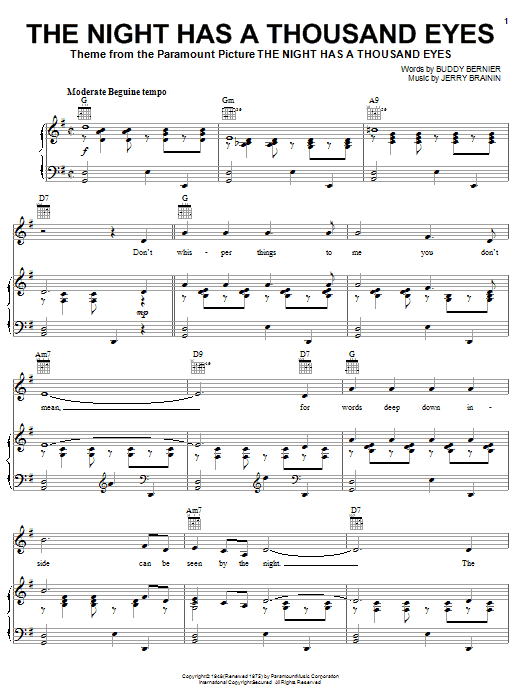 Buddy Bernier The Night Has A Thousand Eyes Sheet Music Notes & Chords for Easy Guitar Tab - Download or Print PDF