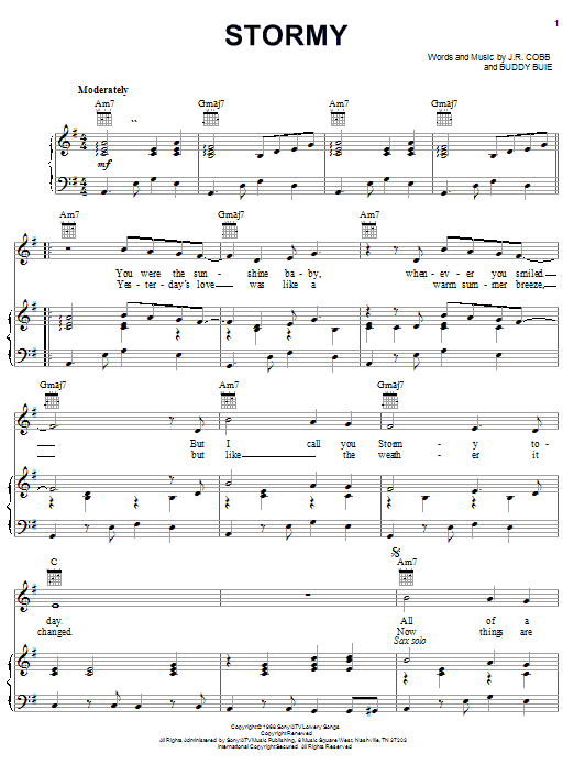 Buddy Buie Stormy Sheet Music Notes & Chords for Piano, Vocal & Guitar (Right-Hand Melody) - Download or Print PDF