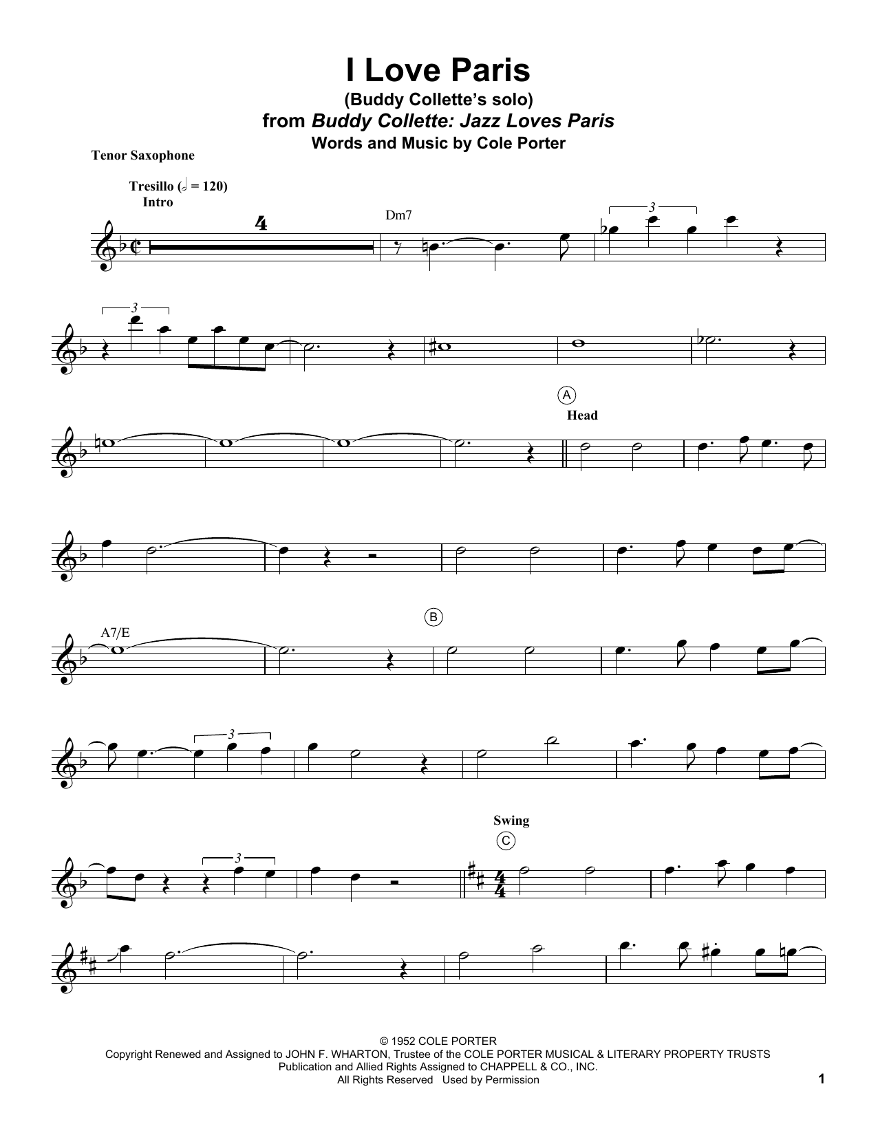 Buddy Collette I Love Paris Sheet Music Notes & Chords for Tenor Sax Transcription - Download or Print PDF