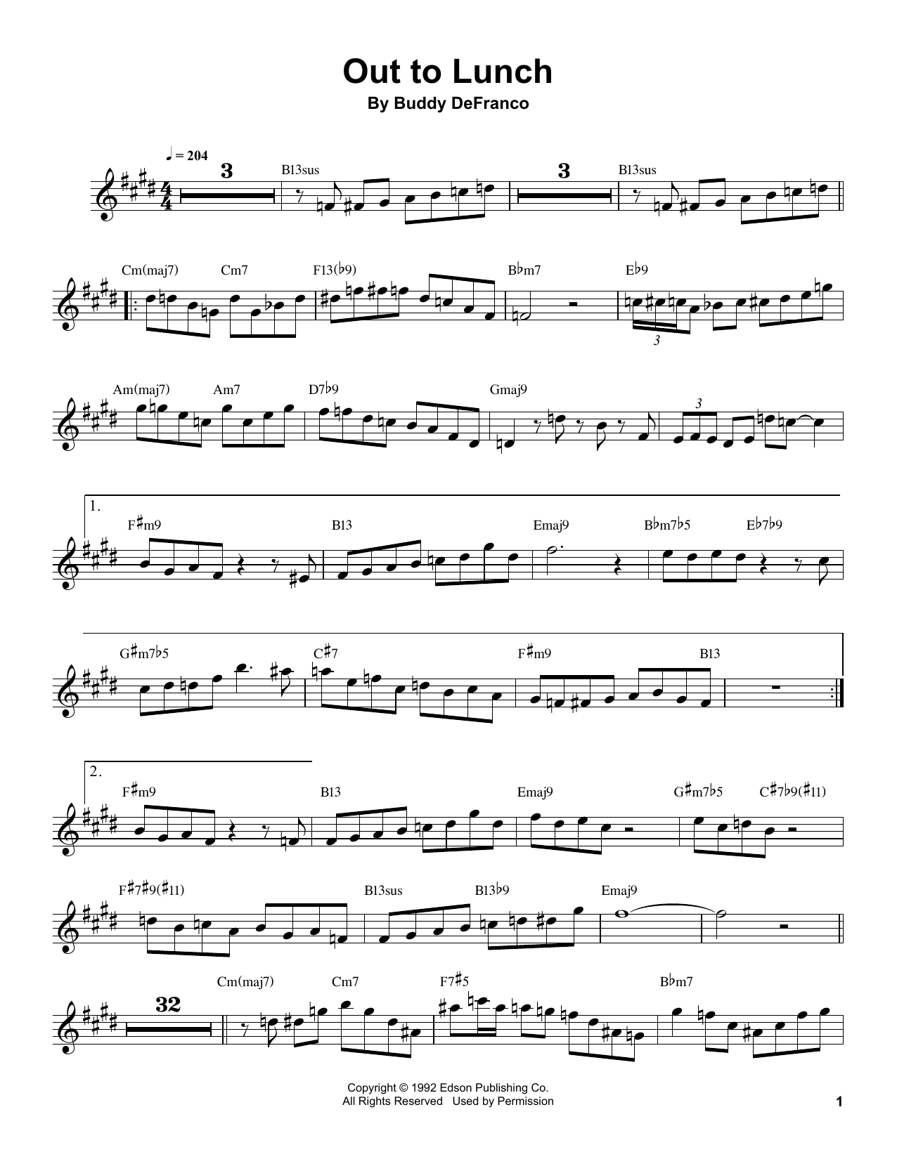 Buddy DeFranco Out To Lunch Sheet Music Notes & Chords for Clarinet Transcription - Download or Print PDF