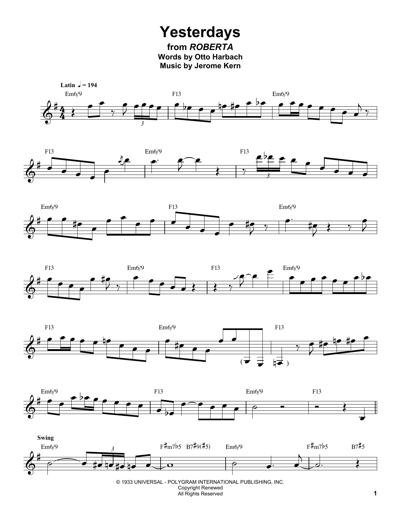 Buddy DeFranco Yesterdays Sheet Music Notes & Chords for Clarinet Transcription - Download or Print PDF