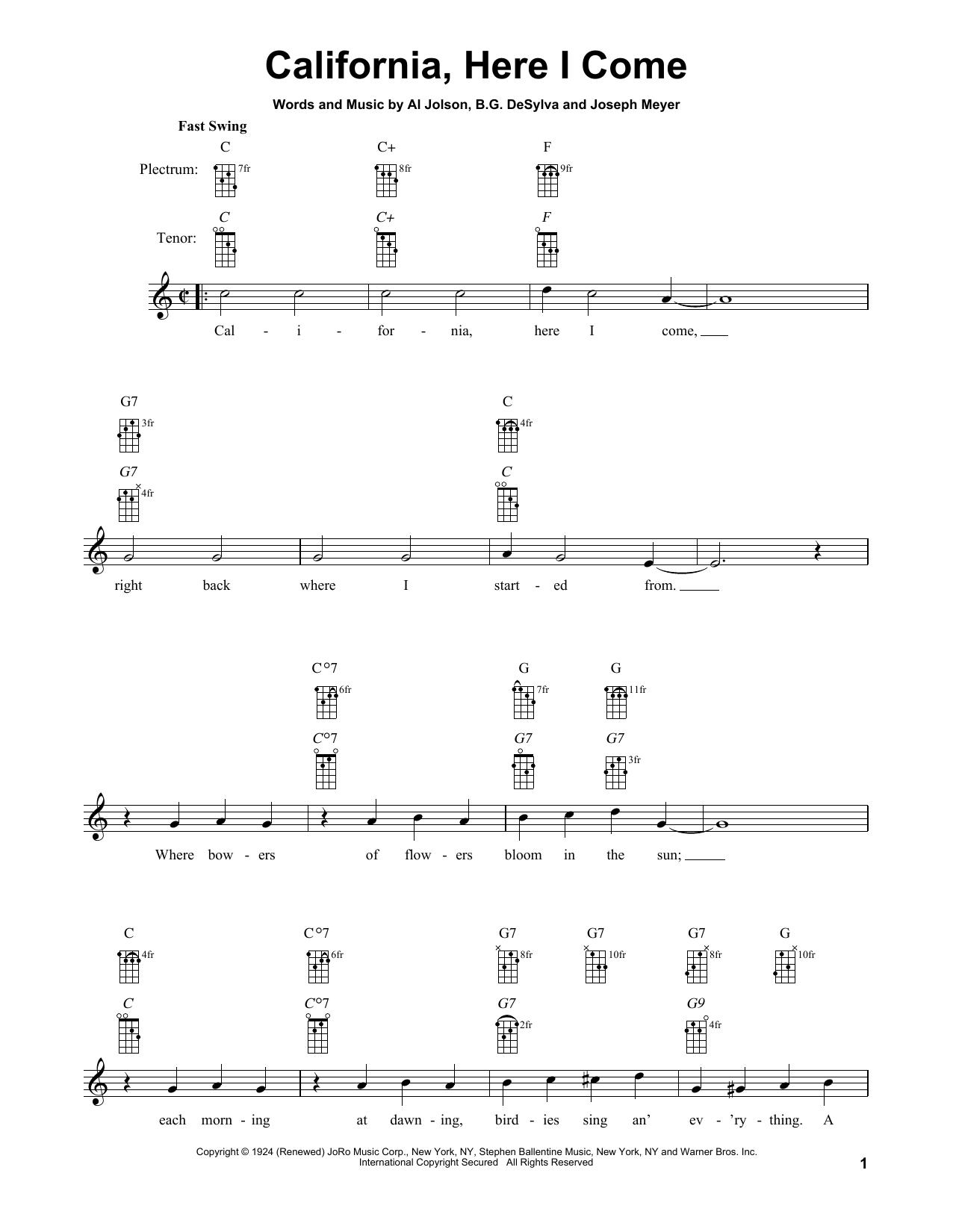Buddy DeSylva California, Here I Come Sheet Music Notes & Chords for Banjo - Download or Print PDF