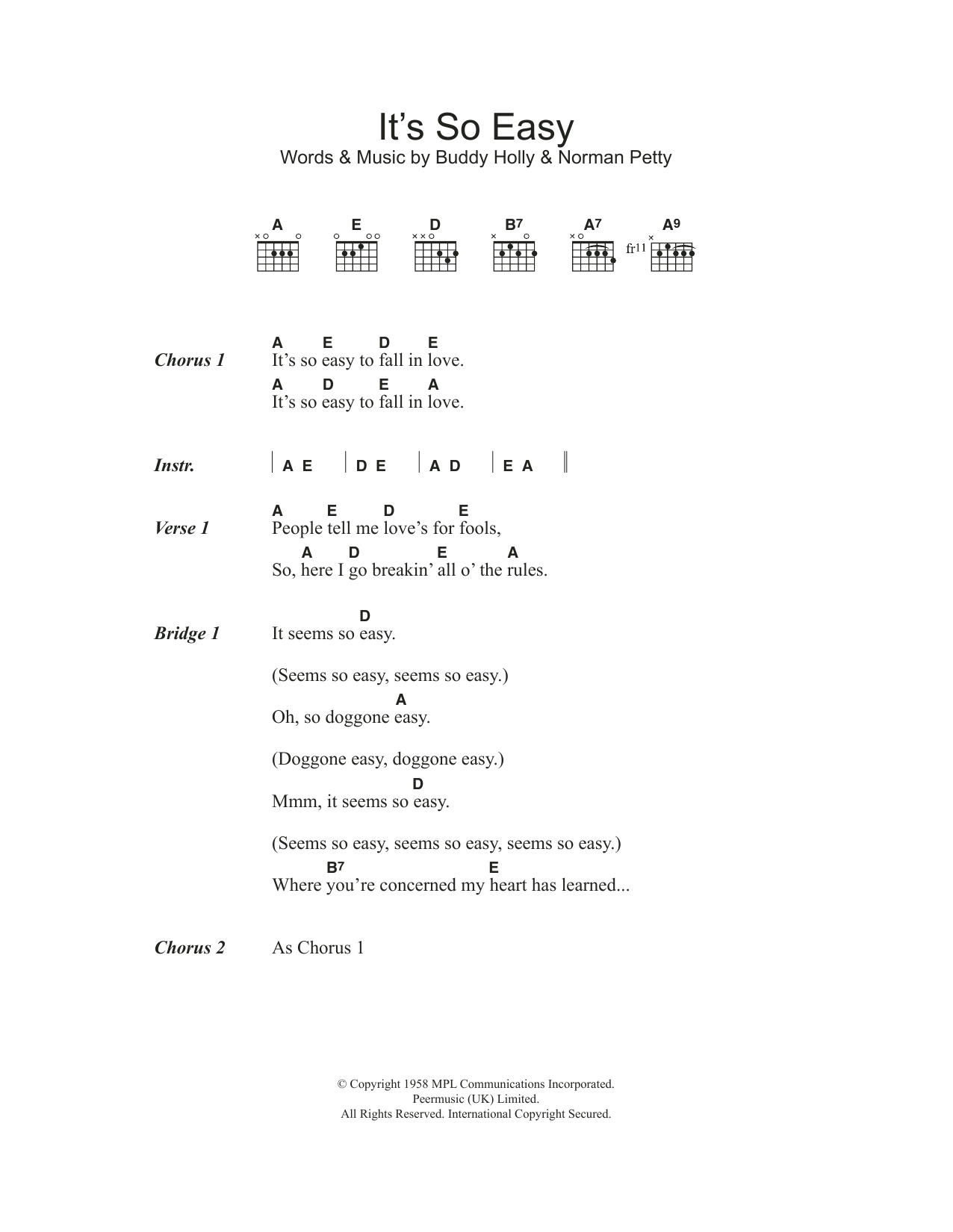 Buddy Holly & The Crickets It's So Easy Sheet Music Notes & Chords for Lyrics & Chords - Download or Print PDF