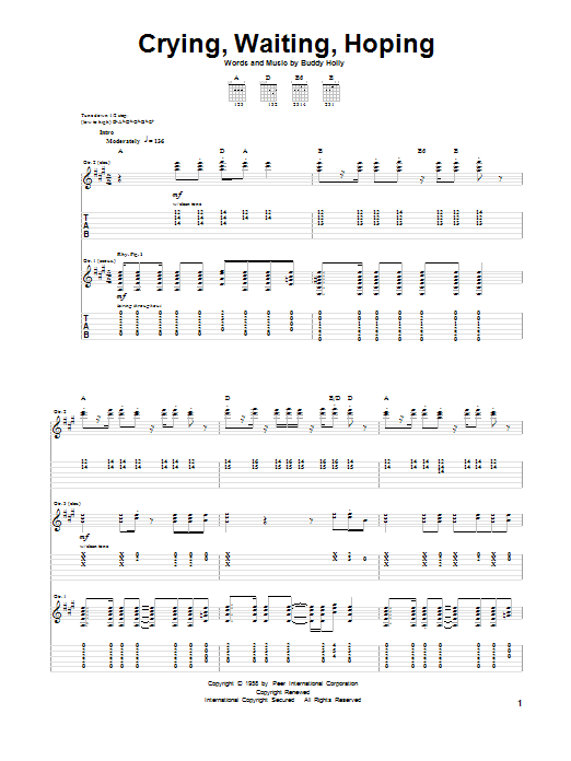 Buddy Holly Crying, Waiting, Hoping Sheet Music Notes & Chords for Guitar Tab - Download or Print PDF