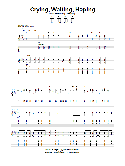Buddy Holly Crying, Waiting, Hoping Sheet Music Notes & Chords for Piano, Vocal & Guitar (Right-Hand Melody) - Download or Print PDF
