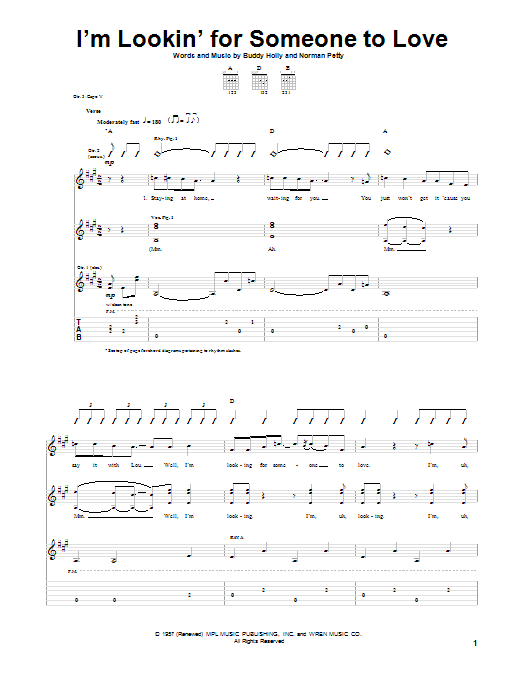 Buddy Holly I'm Lookin' For Someone To Love Sheet Music Notes & Chords for Guitar Tab - Download or Print PDF