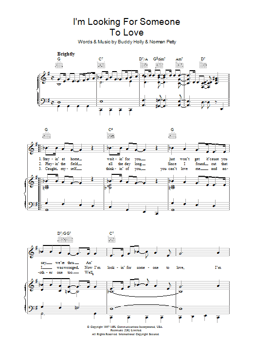 Buddy Holly I'm Looking For Someone To Love Sheet Music Notes & Chords for Piano, Vocal & Guitar (Right-Hand Melody) - Download or Print PDF