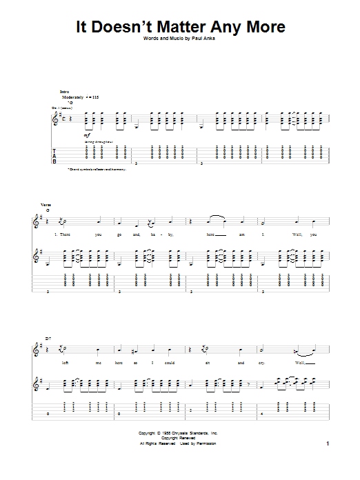 Buddy Holly It Doesn't Matter Any More Sheet Music Notes & Chords for Guitar Tab - Download or Print PDF