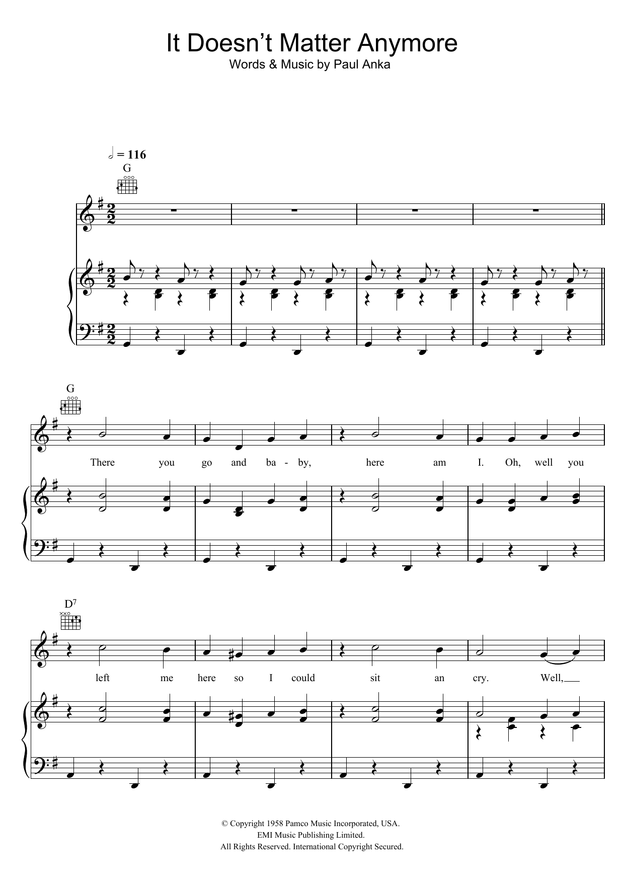 Buddy Holly It Doesn't Matter Anymore Sheet Music Notes & Chords for Piano, Vocal & Guitar (Right-Hand Melody) - Download or Print PDF