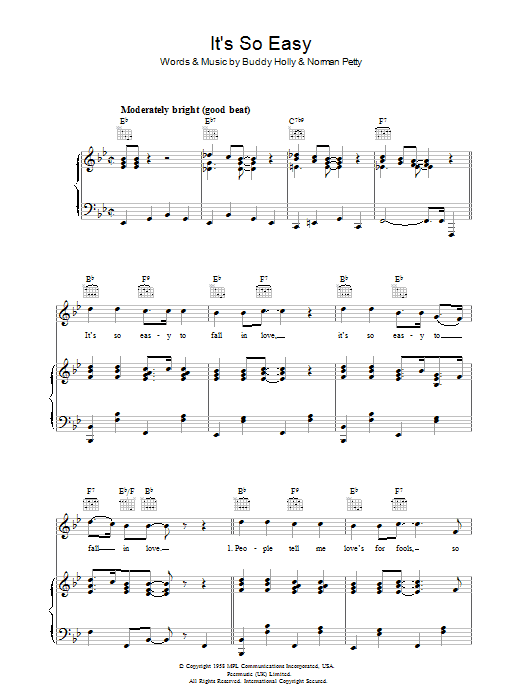 Buddy Holly It's So Easy Sheet Music Notes & Chords for Piano, Vocal & Guitar (Right-Hand Melody) - Download or Print PDF