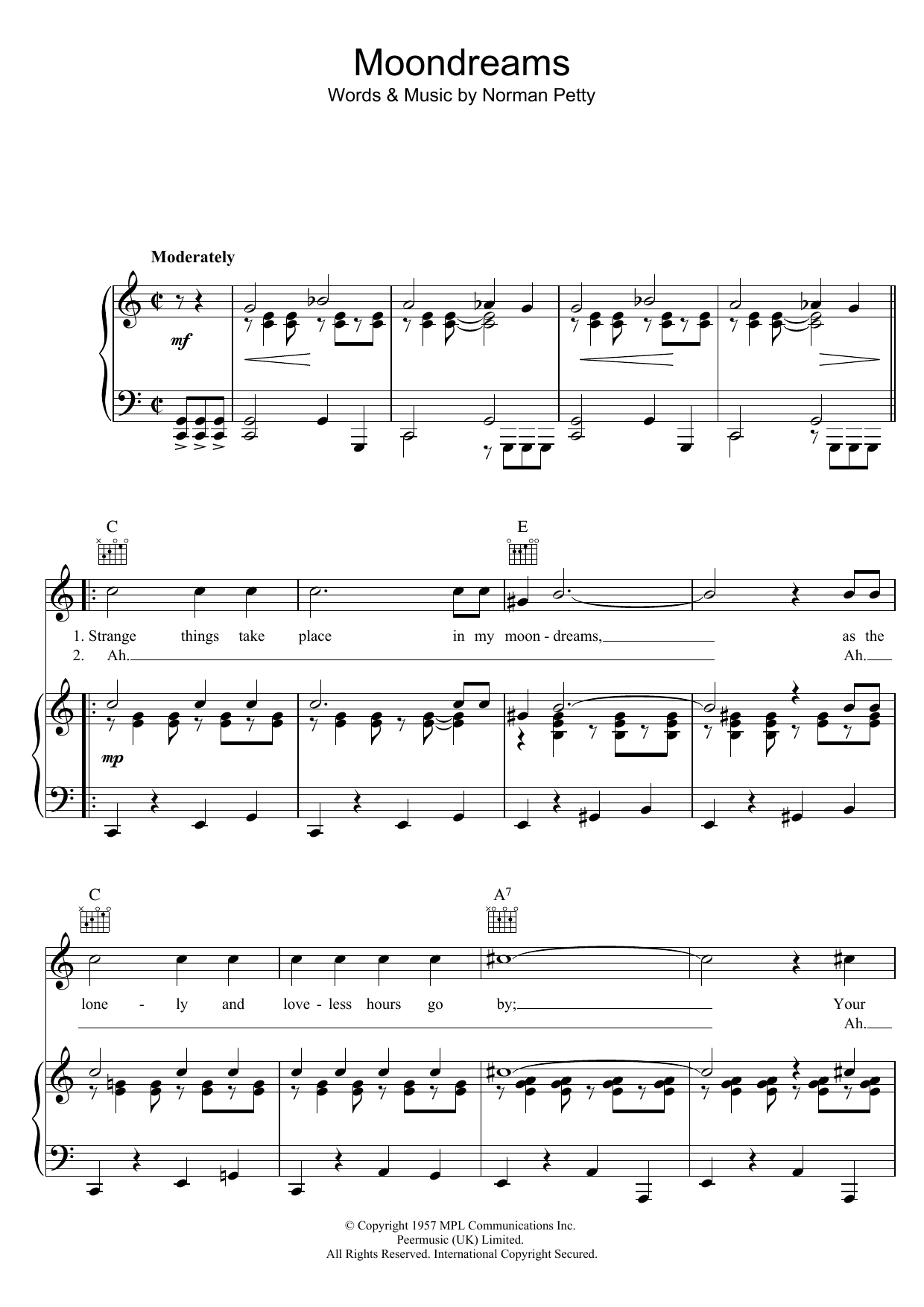 Buddy Holly Moondreams Sheet Music Notes & Chords for Piano, Vocal & Guitar (Right-Hand Melody) - Download or Print PDF
