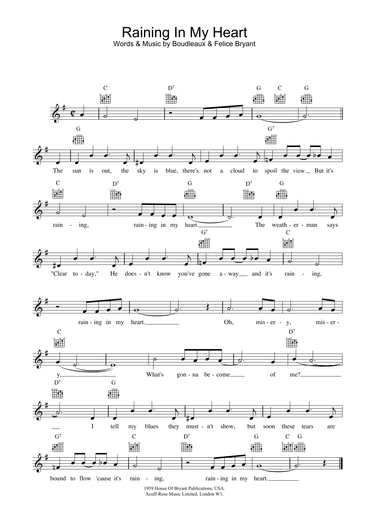 Buddy Holly Raining In My Heart Sheet Music Notes & Chords for Melody Line, Lyrics & Chords - Download or Print PDF