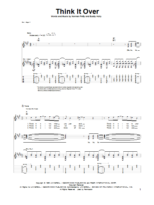 Buddy Holly Think It Over Sheet Music Notes & Chords for Guitar Tab - Download or Print PDF