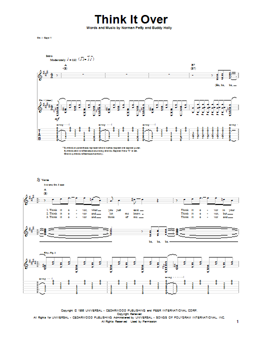 Buddy Holly Think It Over Sheet Music Notes & Chords for Piano, Vocal & Guitar (Right-Hand Melody) - Download or Print PDF