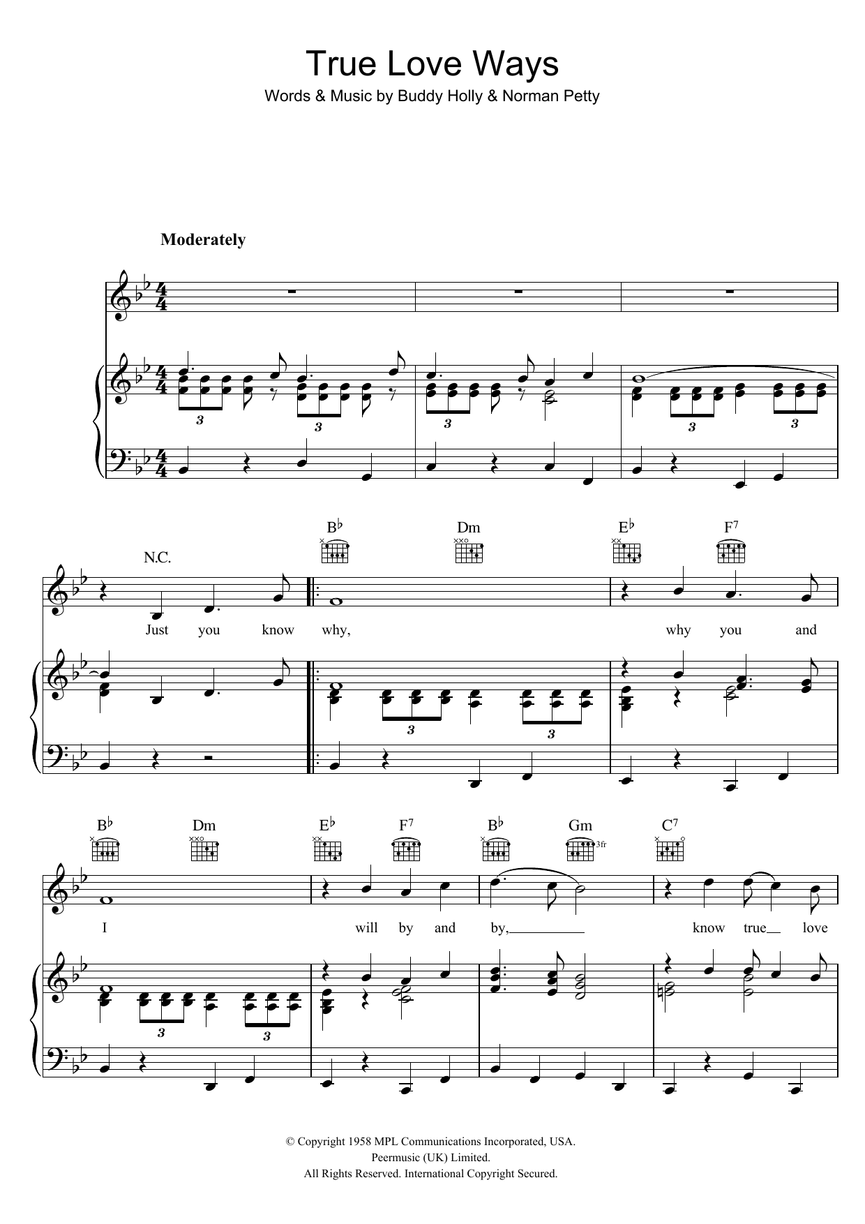 Buddy Holly True Love Ways Sheet Music Notes & Chords for Very Easy Piano - Download or Print PDF
