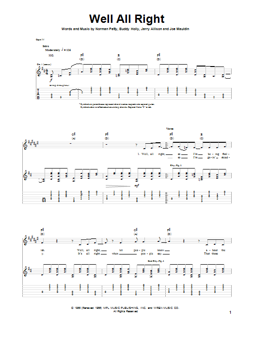 Buddy Holly Well All Right Sheet Music Notes & Chords for Guitar Tab - Download or Print PDF