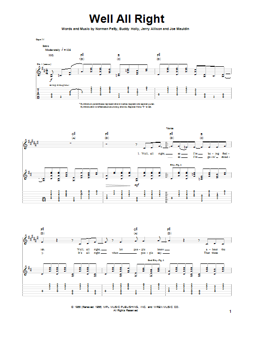 Buddy Holly Well All Right Sheet Music Notes & Chords for Piano, Vocal & Guitar (Right-Hand Melody) - Download or Print PDF