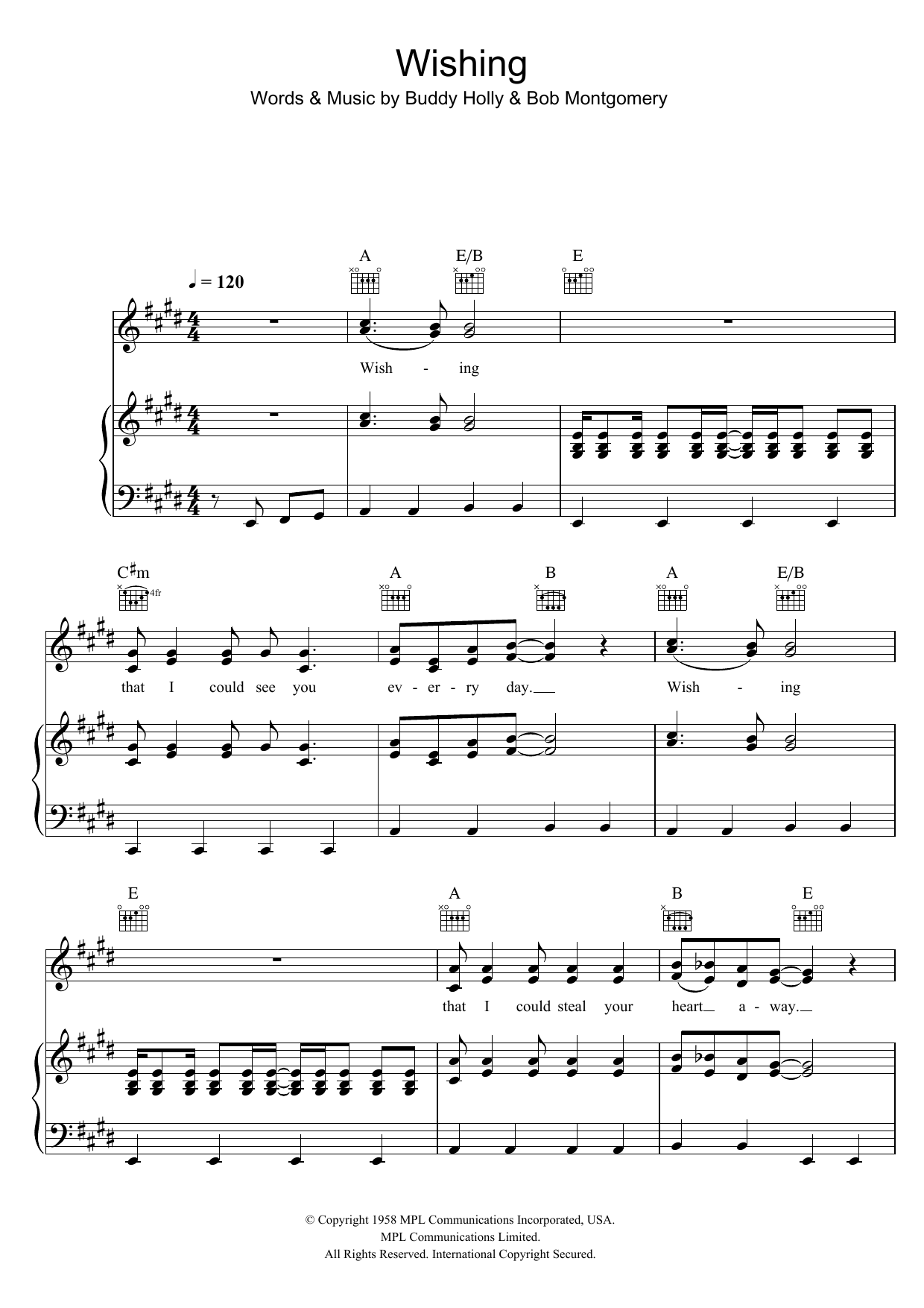 Buddy Holly Wishing Sheet Music Notes & Chords for Piano, Vocal & Guitar (Right-Hand Melody) - Download or Print PDF