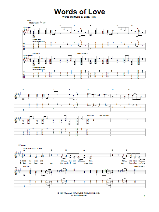 Buddy Holly Words Of Love Sheet Music Notes & Chords for Piano, Vocal & Guitar (Right-Hand Melody) - Download or Print PDF