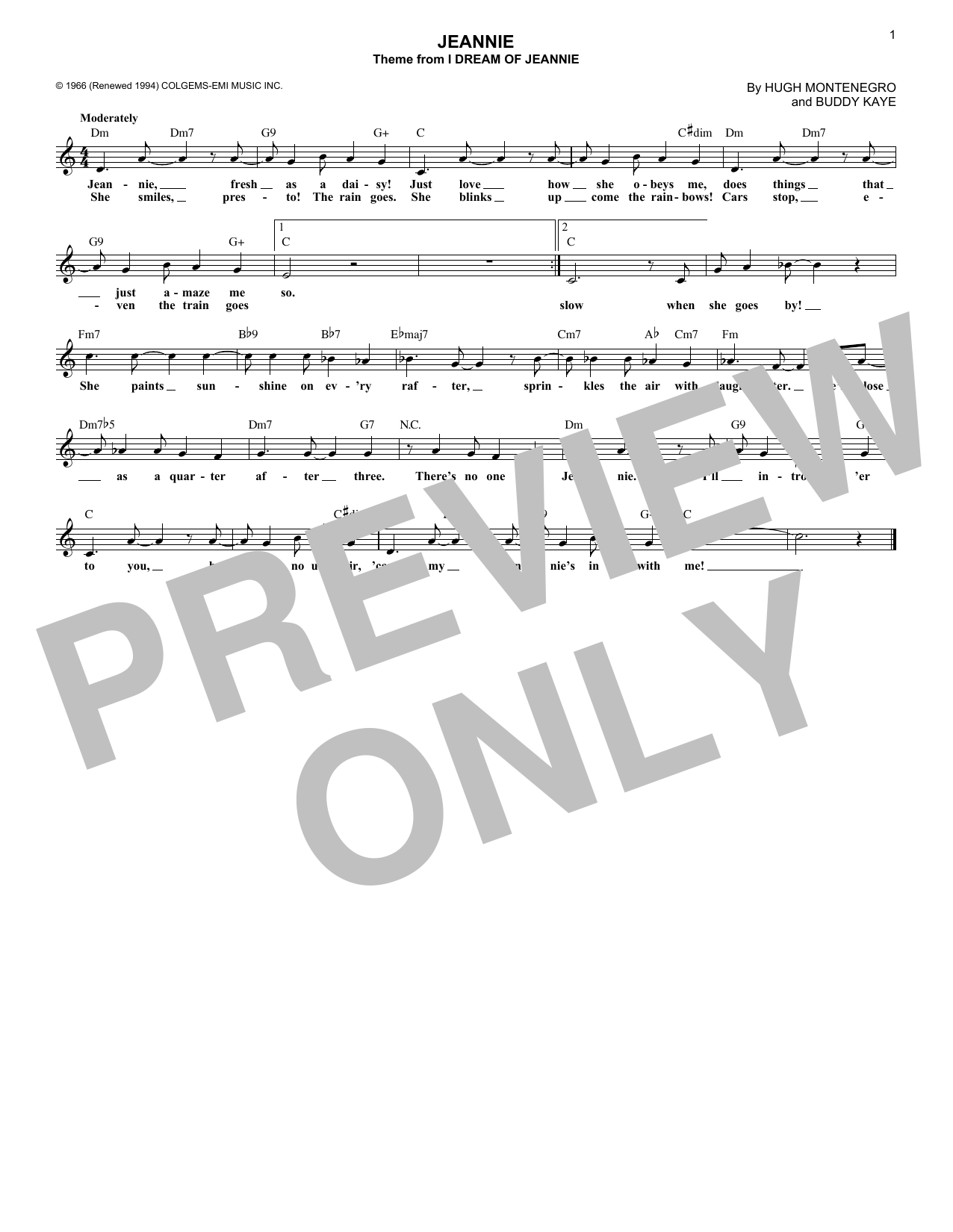 Buddy Kaye Jeannie (from I Dream Of Jeannie) Sheet Music Notes & Chords for Lead Sheet / Fake Book - Download or Print PDF