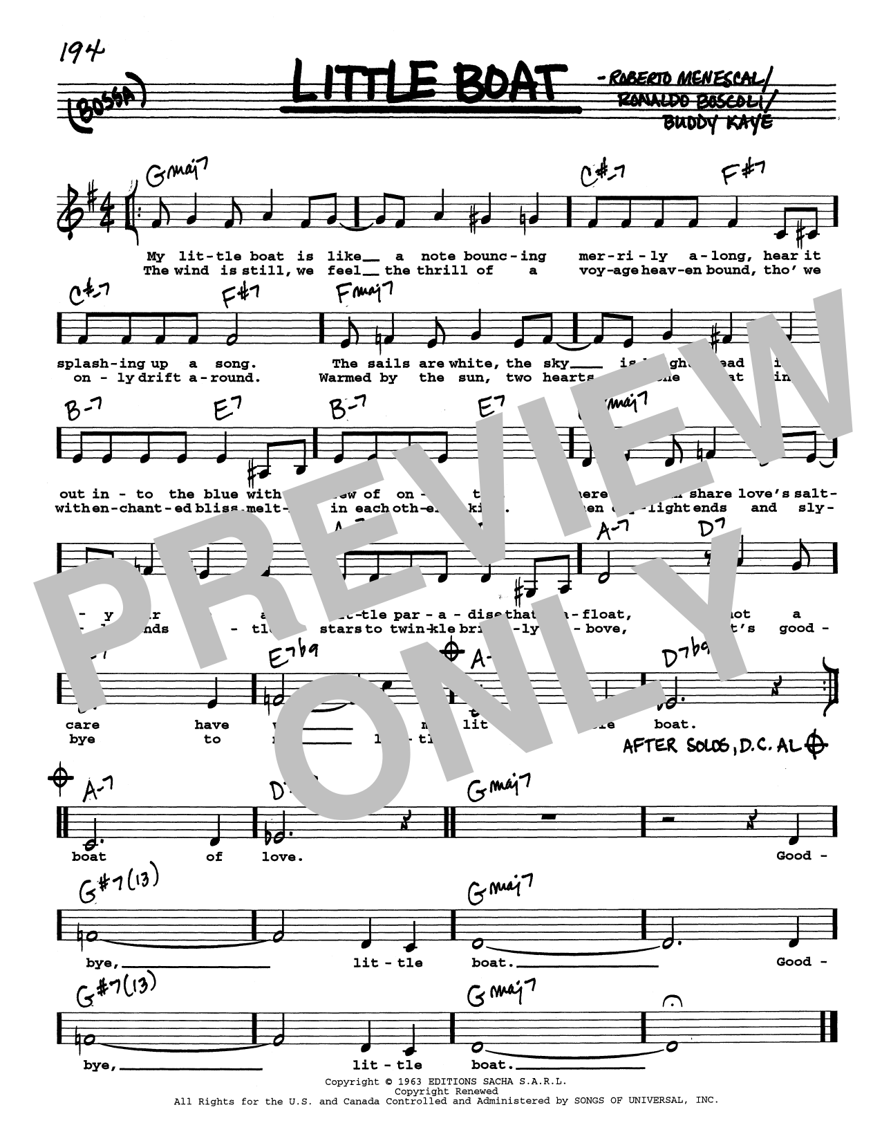 Buddy Kaye Little Boat (O Barquinho) (Low Voice) Sheet Music Notes & Chords for Real Book – Melody, Lyrics & Chords - Download or Print PDF