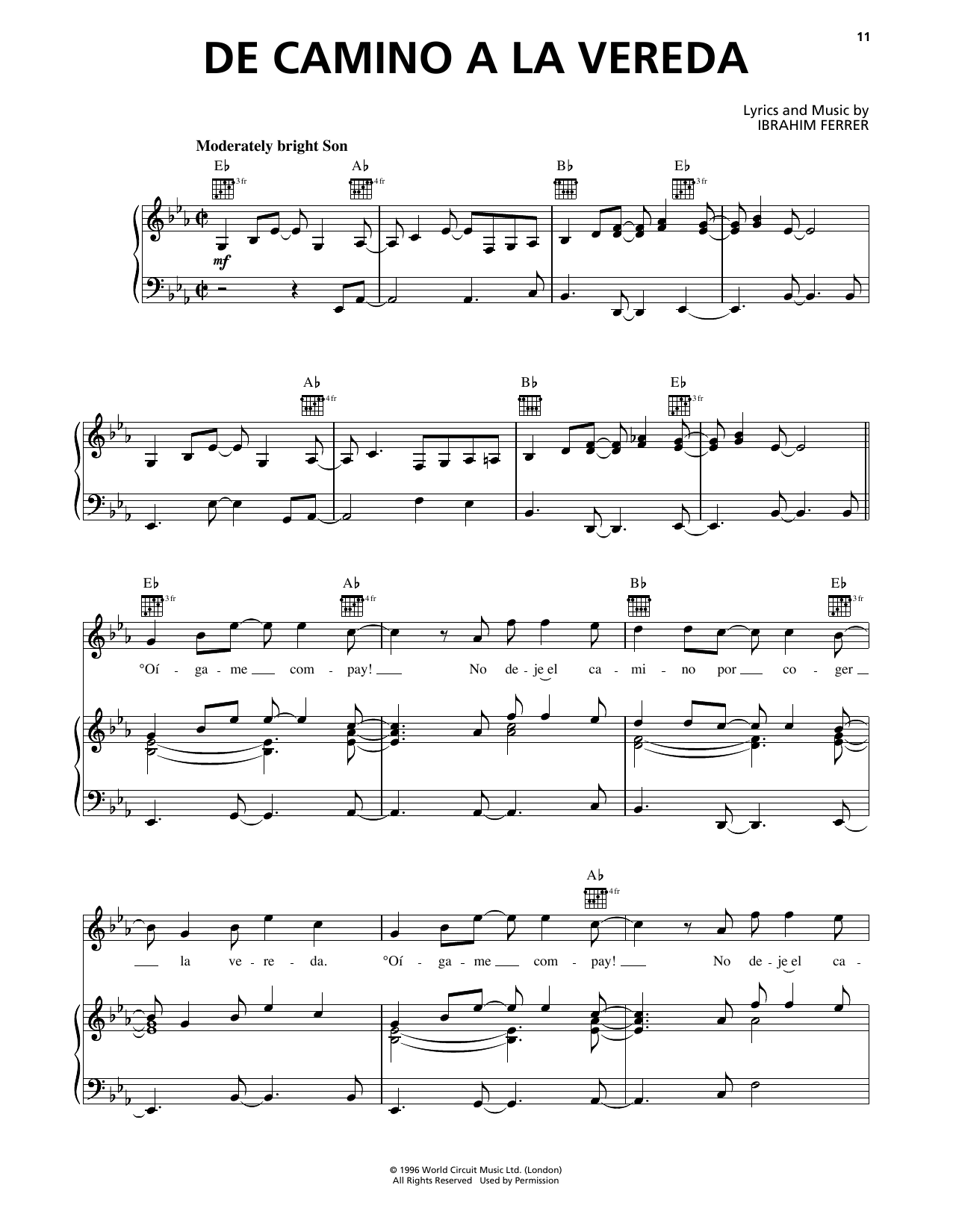 Buena Vista Social Club De Camino A La Vereda Sheet Music Notes & Chords for Piano, Vocal & Guitar Chords (Right-Hand Melody) - Download or Print PDF