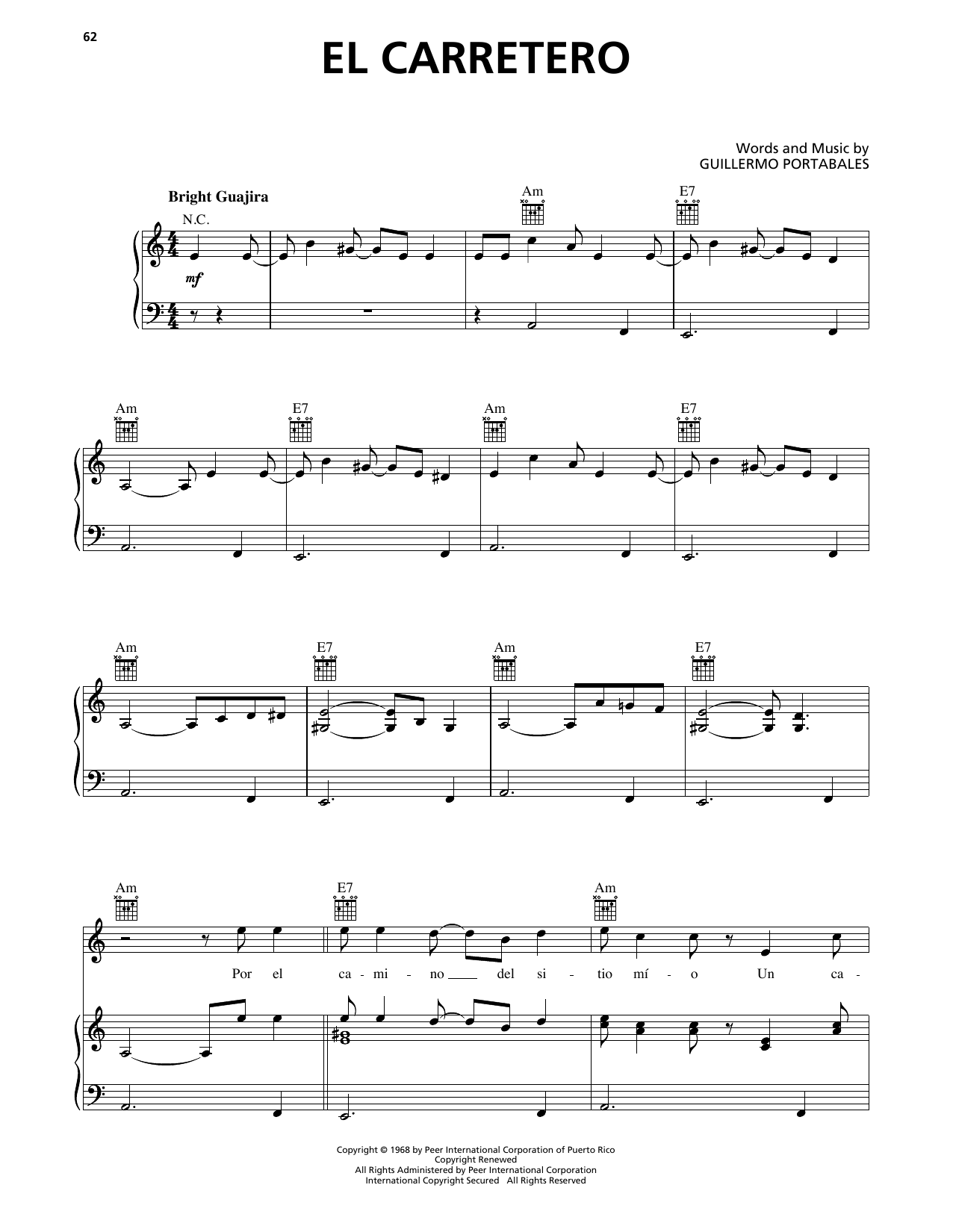 Buena Vista Social Club El Carretero Sheet Music Notes & Chords for Piano, Vocal & Guitar Chords (Right-Hand Melody) - Download or Print PDF