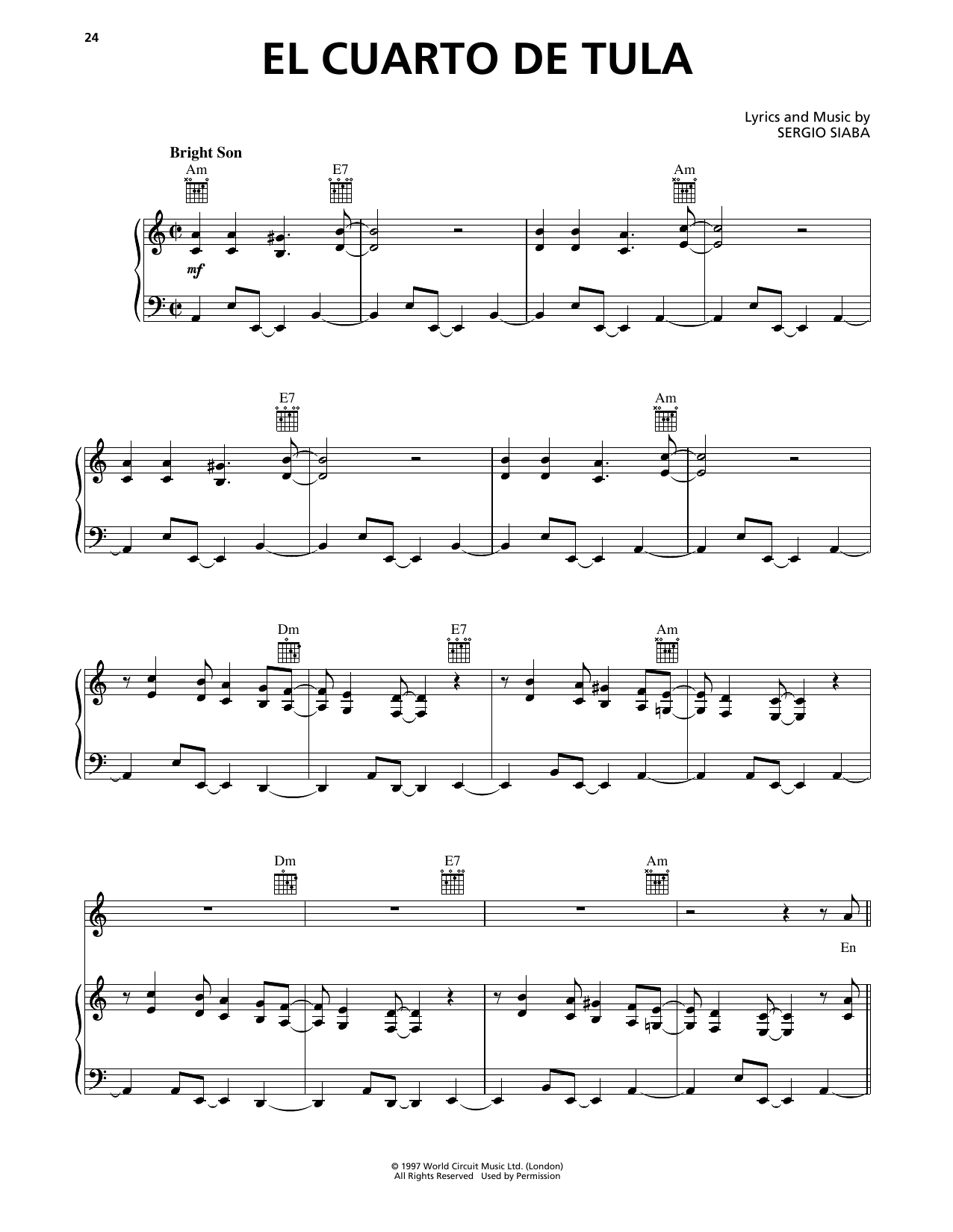 Buena Vista Social Club El Cuarto De Tula Sheet Music Notes & Chords for Piano, Vocal & Guitar Chords (Right-Hand Melody) - Download or Print PDF
