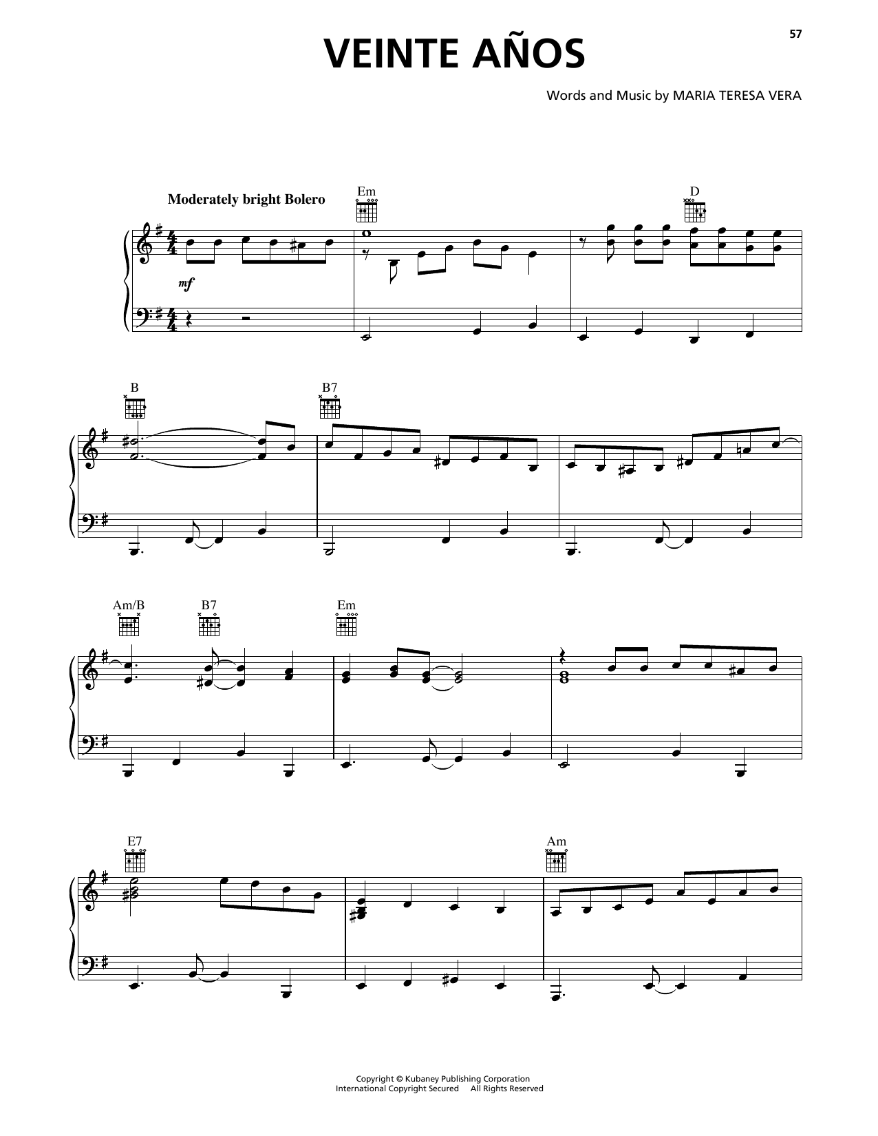 Buena Vista Social Club Veinte Años Sheet Music Notes & Chords for Piano, Vocal & Guitar Chords (Right-Hand Melody) - Download or Print PDF