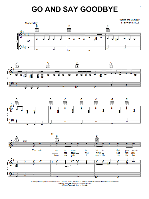 Buffalo Springfield Go And Say Goodbye Sheet Music Notes & Chords for Piano, Vocal & Guitar (Right-Hand Melody) - Download or Print PDF