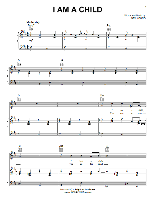 Buffalo Springfield I Am A Child Sheet Music Notes & Chords for Piano, Vocal & Guitar (Right-Hand Melody) - Download or Print PDF