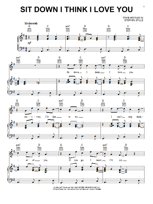 Buffalo Springfield Sit Down I Think I Love You Sheet Music Notes & Chords for Piano, Vocal & Guitar (Right-Hand Melody) - Download or Print PDF