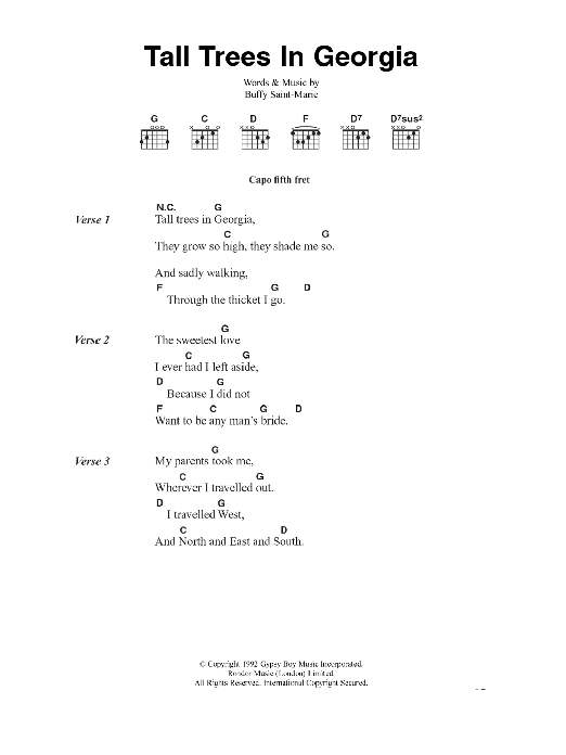 Buffy Saint-Marie Tall Trees In Georgia Sheet Music Notes & Chords for Lyrics & Chords - Download or Print PDF