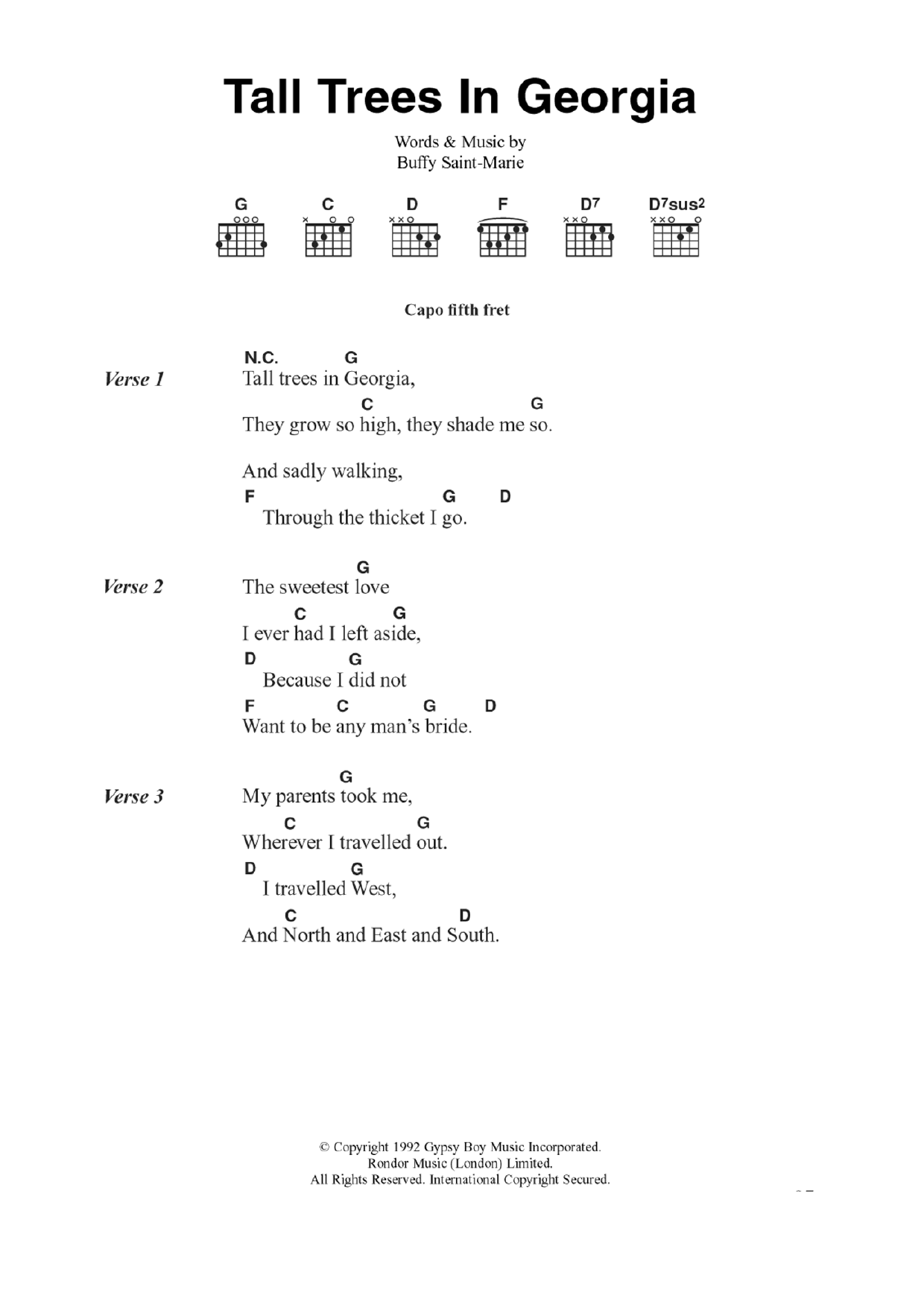 Buffy Sainte-Marie Tall Trees In Georgia Sheet Music Notes & Chords for Guitar Chords/Lyrics - Download or Print PDF