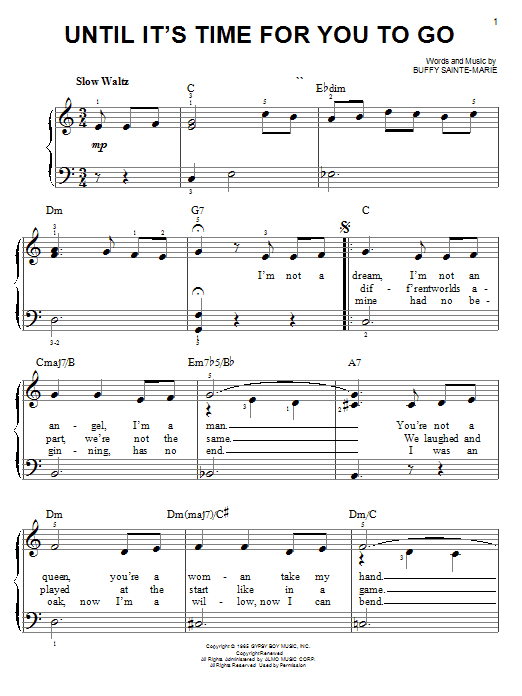 Buffy Sainte-Marie Until It's Time For You To Go sheet music notes and chords. Download Printable PDF.