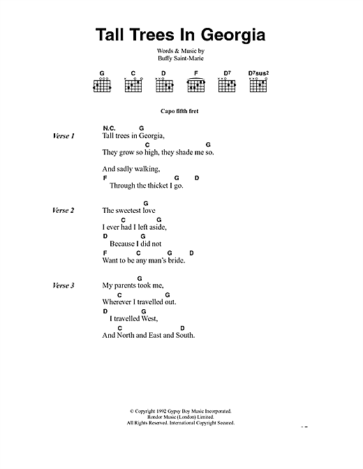 Buffy Saint-Marie Tall Trees In Georgia Sheet Music Notes & Chords for Lyrics & Chords - Download or Print PDF