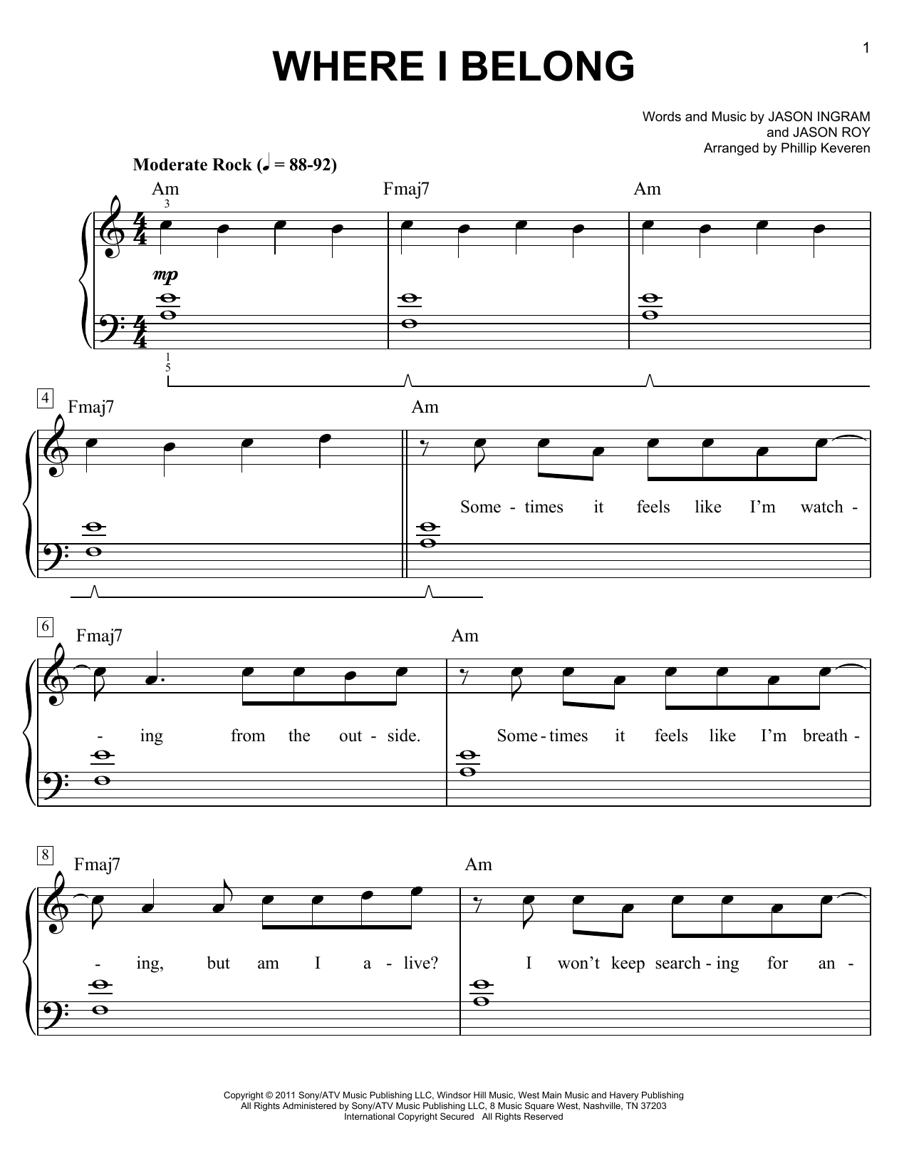 Phillip Keveren Where I Belong Sheet Music Notes & Chords for Easy Piano - Download or Print PDF