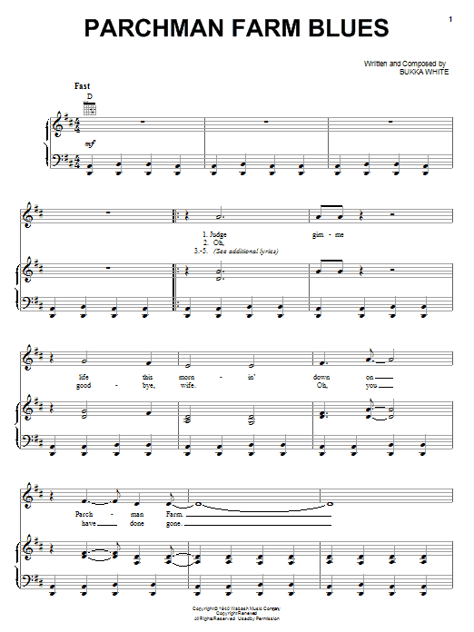 Bukka White Parchman Farm Blues Sheet Music Notes & Chords for Piano, Vocal & Guitar (Right-Hand Melody) - Download or Print PDF