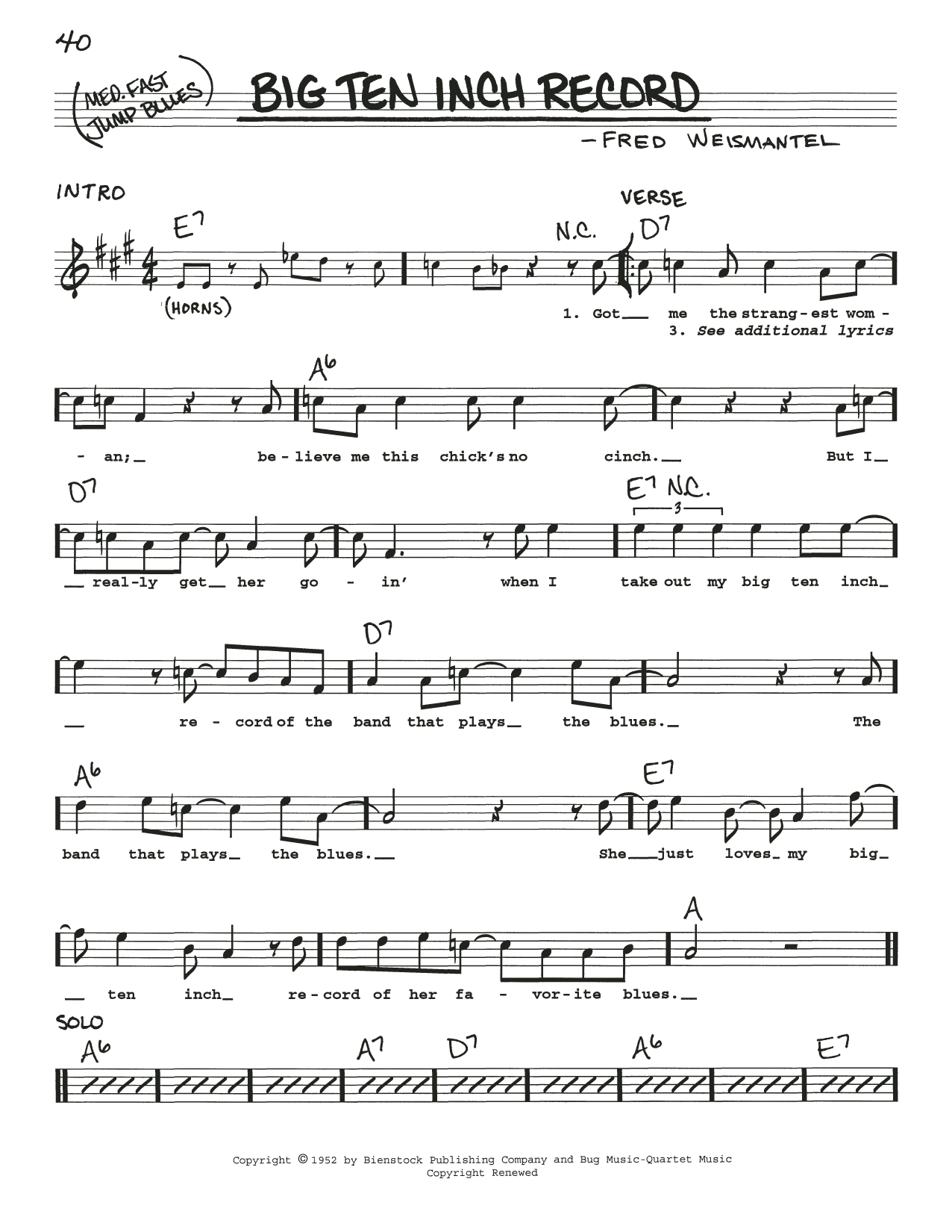 Bull Moose Jackson Big Ten Inch Record Sheet Music Notes & Chords for Real Book – Melody, Lyrics & Chords - Download or Print PDF
