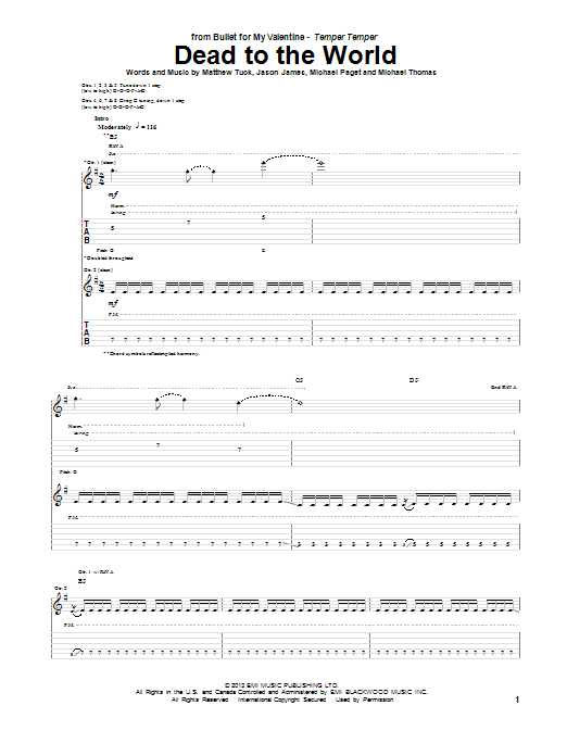 Bullet For My Valentine Dead To The World Sheet Music Notes & Chords for Guitar Tab - Download or Print PDF