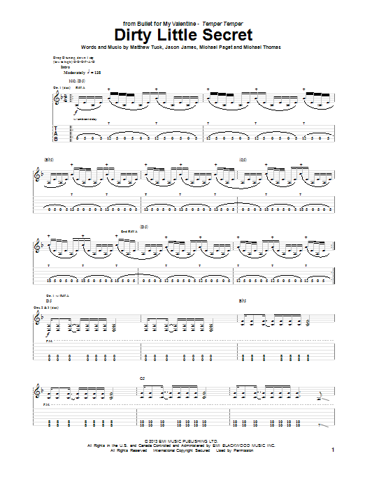 Bullet For My Valentine Dirty Little Secret Sheet Music Notes & Chords for Guitar Tab - Download or Print PDF