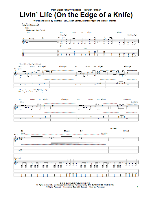 Bullet For My Valentine Livin' Life (On The Edge Of A Knife) Sheet Music Notes & Chords for Guitar Tab - Download or Print PDF