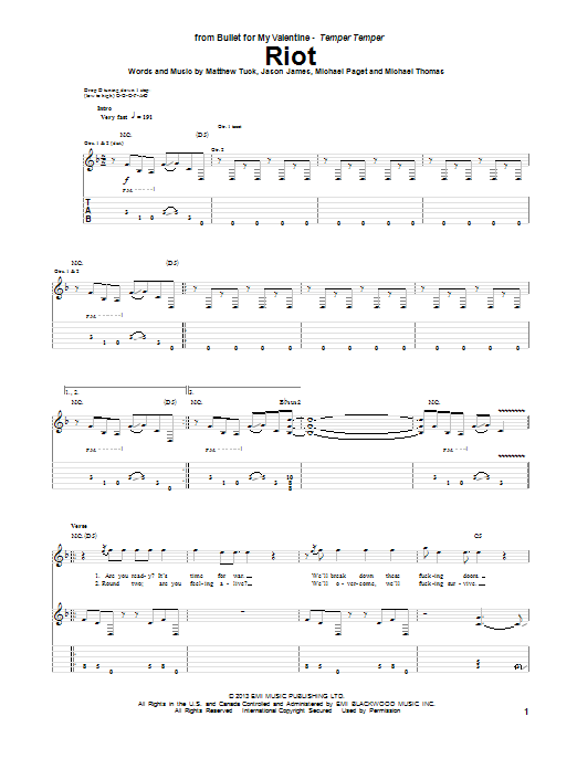 Bullet For My Valentine Riot Sheet Music Notes & Chords for Guitar Tab - Download or Print PDF